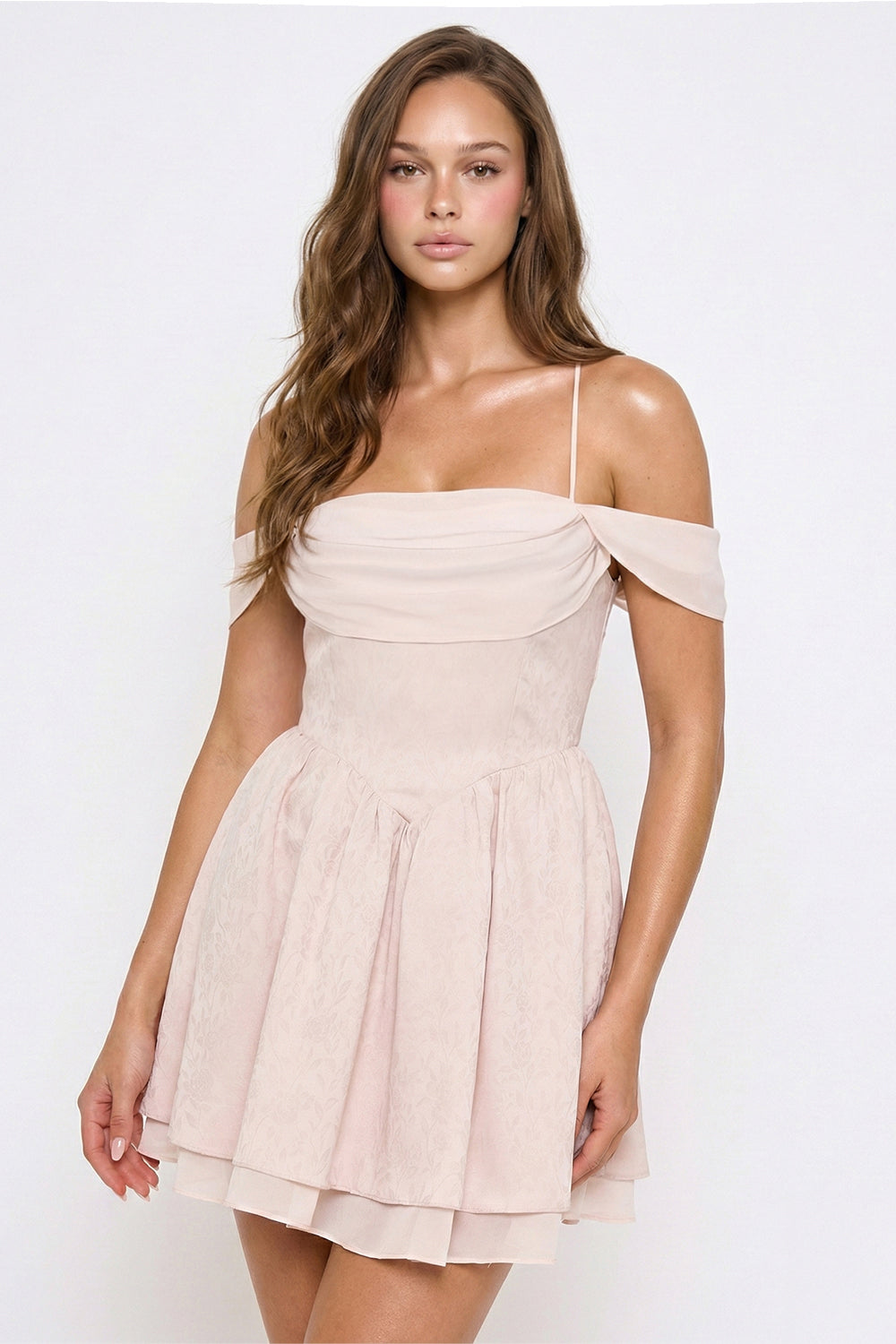 SD2224SP - FLORAL JACQUARD OPEN SHOULDER MINI DRESS
