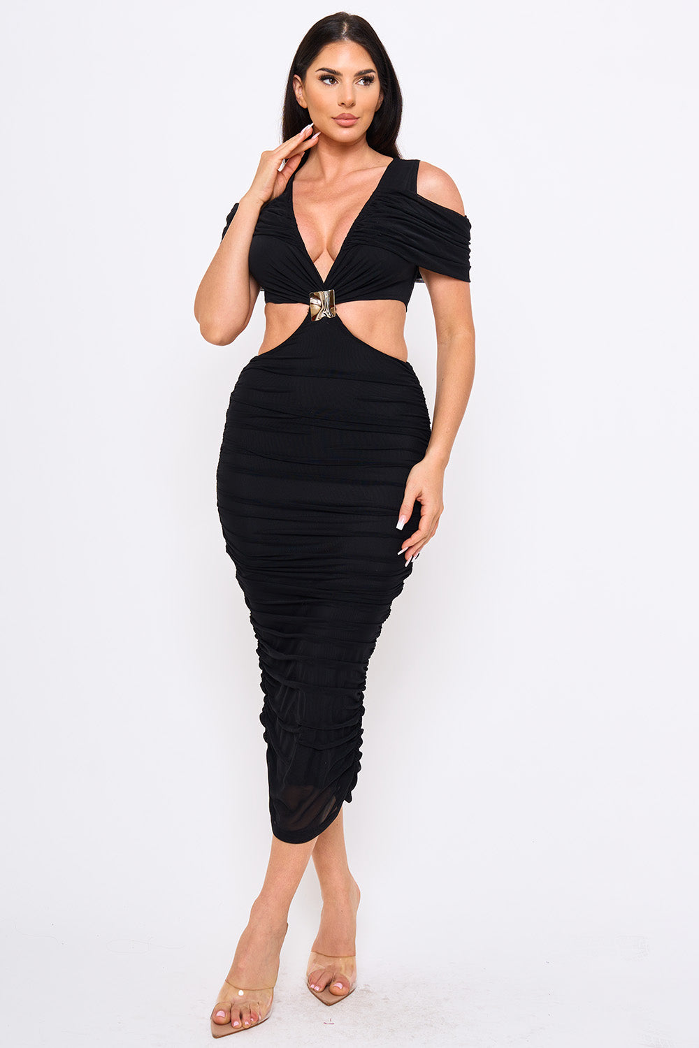 SD2235HP - SHIRRING OPEN SHOULDER CUTOUT WAIST MIDI DRESS - Image 16