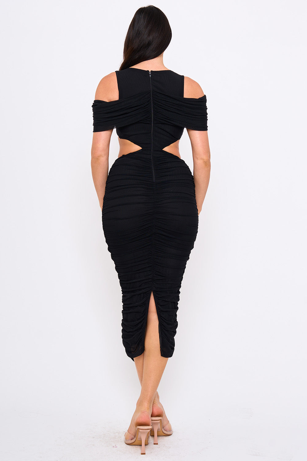 SD2235HP - SHIRRING OPEN SHOULDER CUTOUT WAIST MIDI DRESS - Image 4