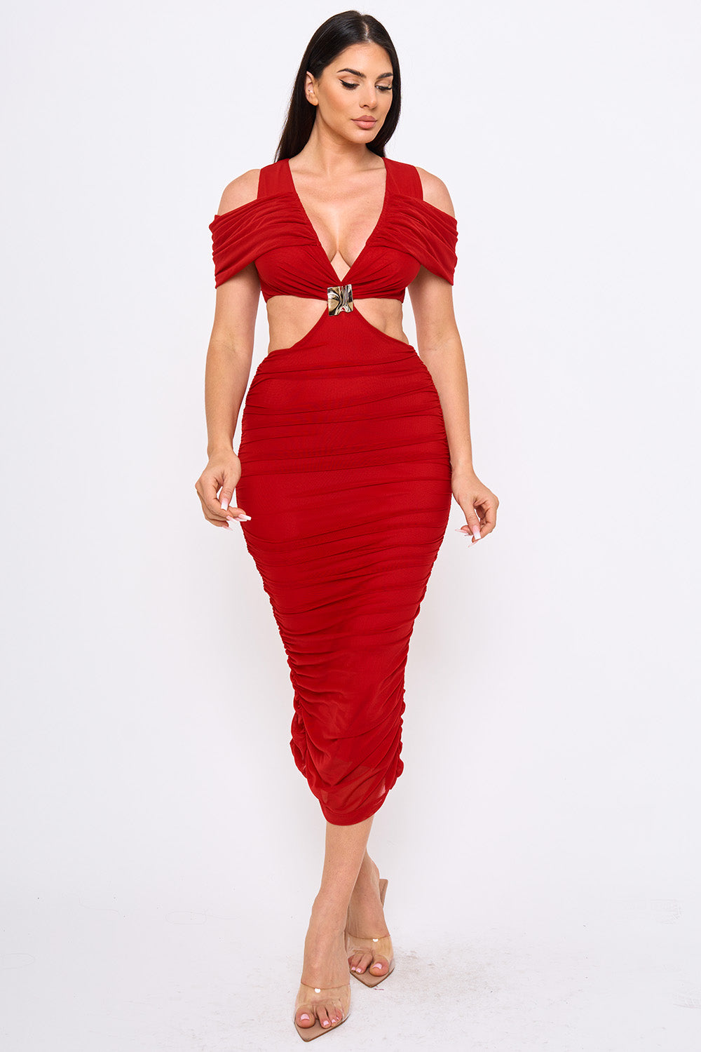 SD2235HP - SHIRRING OPEN SHOULDER CUTOUT WAIST MIDI DRESS - Image 5