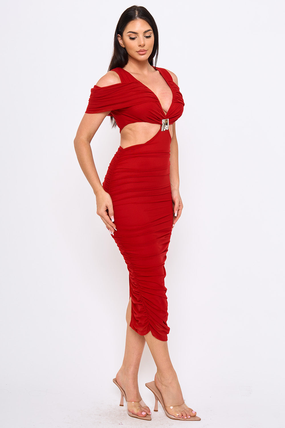SD2235HP - SHIRRING OPEN SHOULDER CUTOUT WAIST MIDI DRESS - Image 7