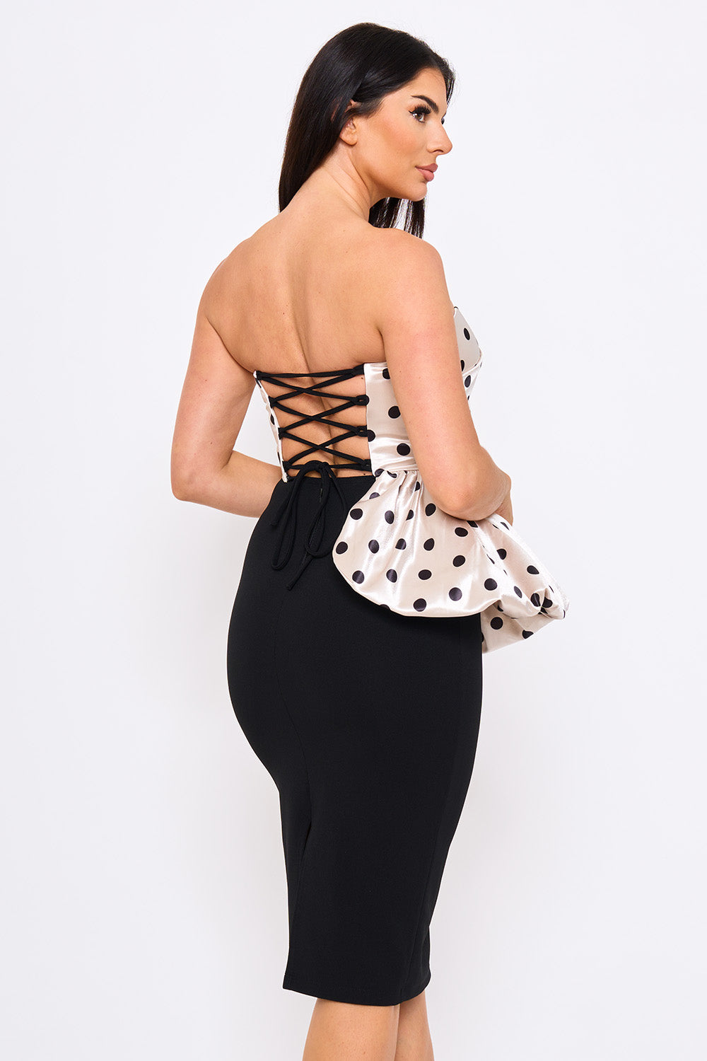 SD2237HP - POLKA DOT ON SATIN PLEATED TOP MIDI DRESS - Image 2