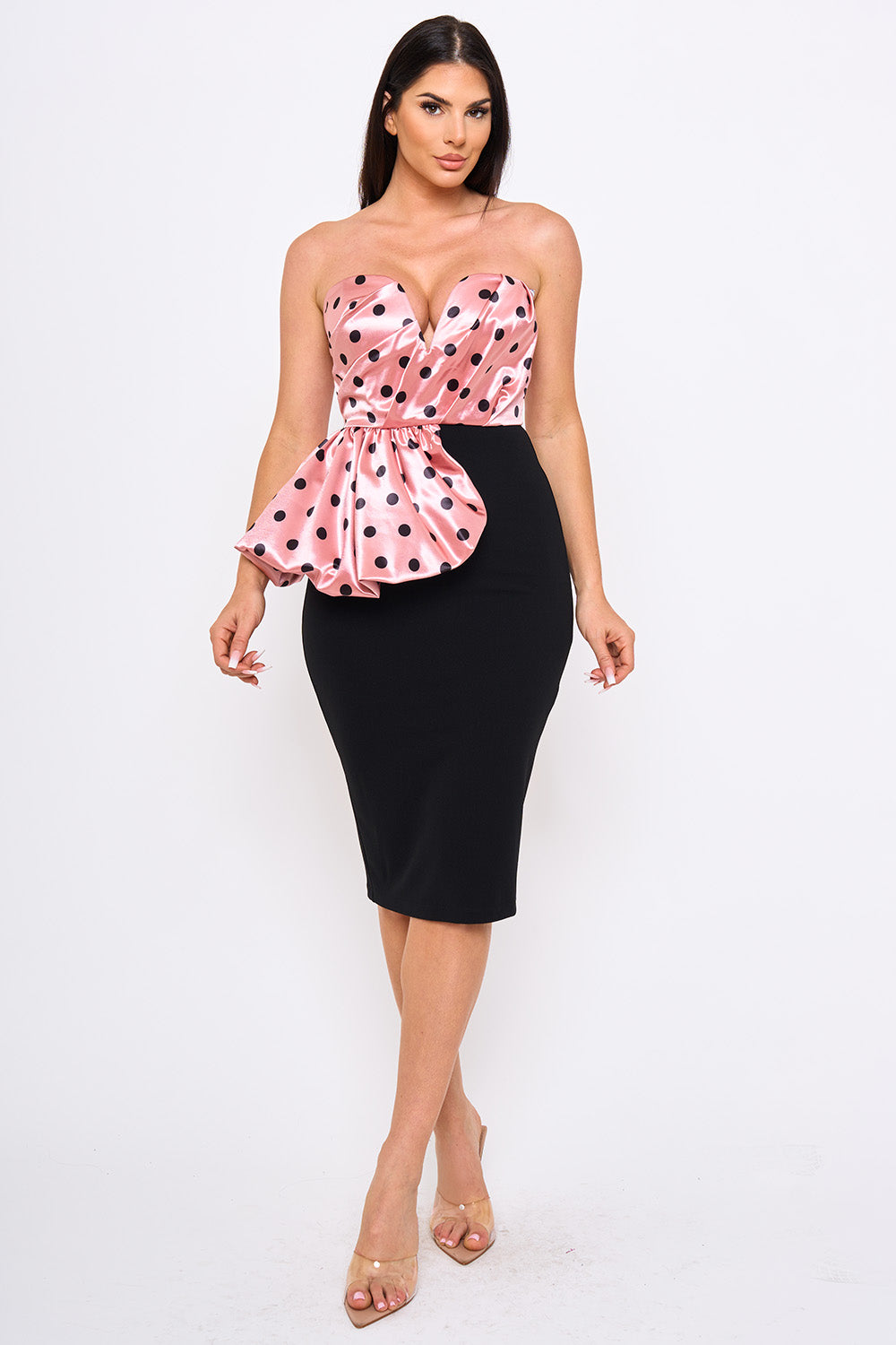 SD2237HP - POLKA DOT ON SATIN PLEATED TOP MIDI DRESS - Image 6