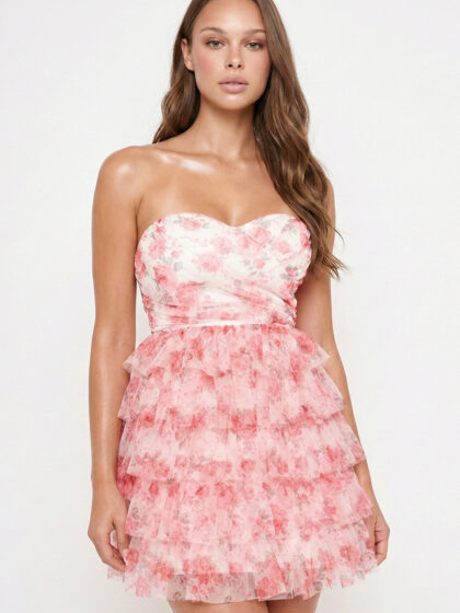 SD2241SP - SPRING FLORAL PRINT LAYERED RUFFLE MINI DRESS