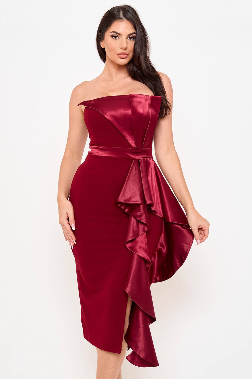 SD2255JP - SATIN PLEATED FABRIC CONTRAST MIDI DRESS