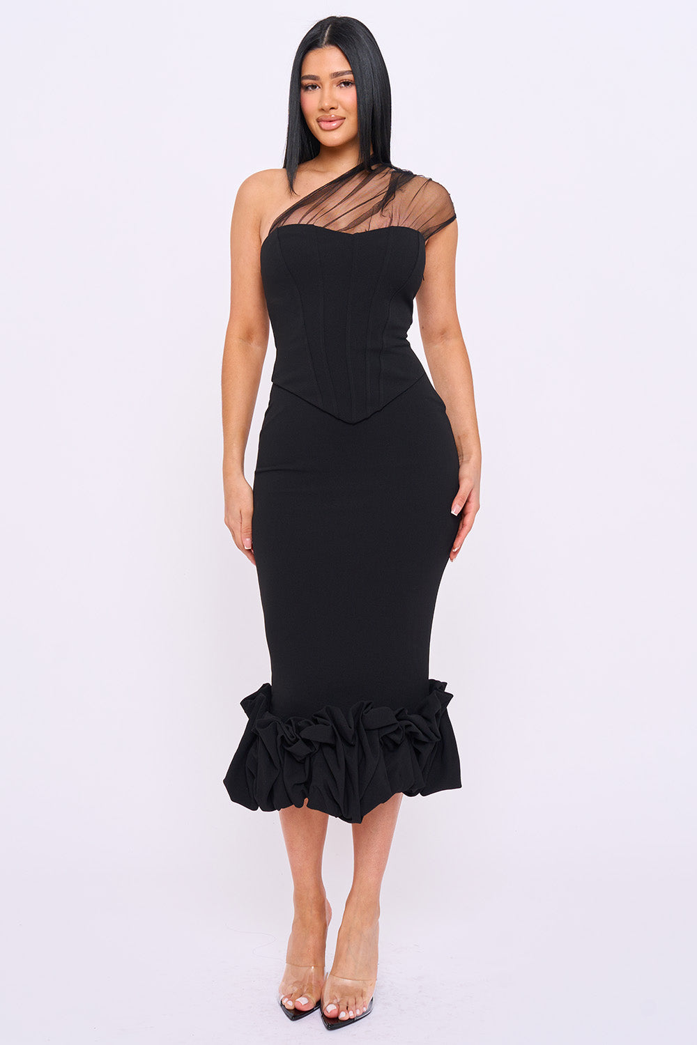 SD2306JP - MESH ONE-SHOULDER CORSET BODICE MIDI DRESS - Image 8