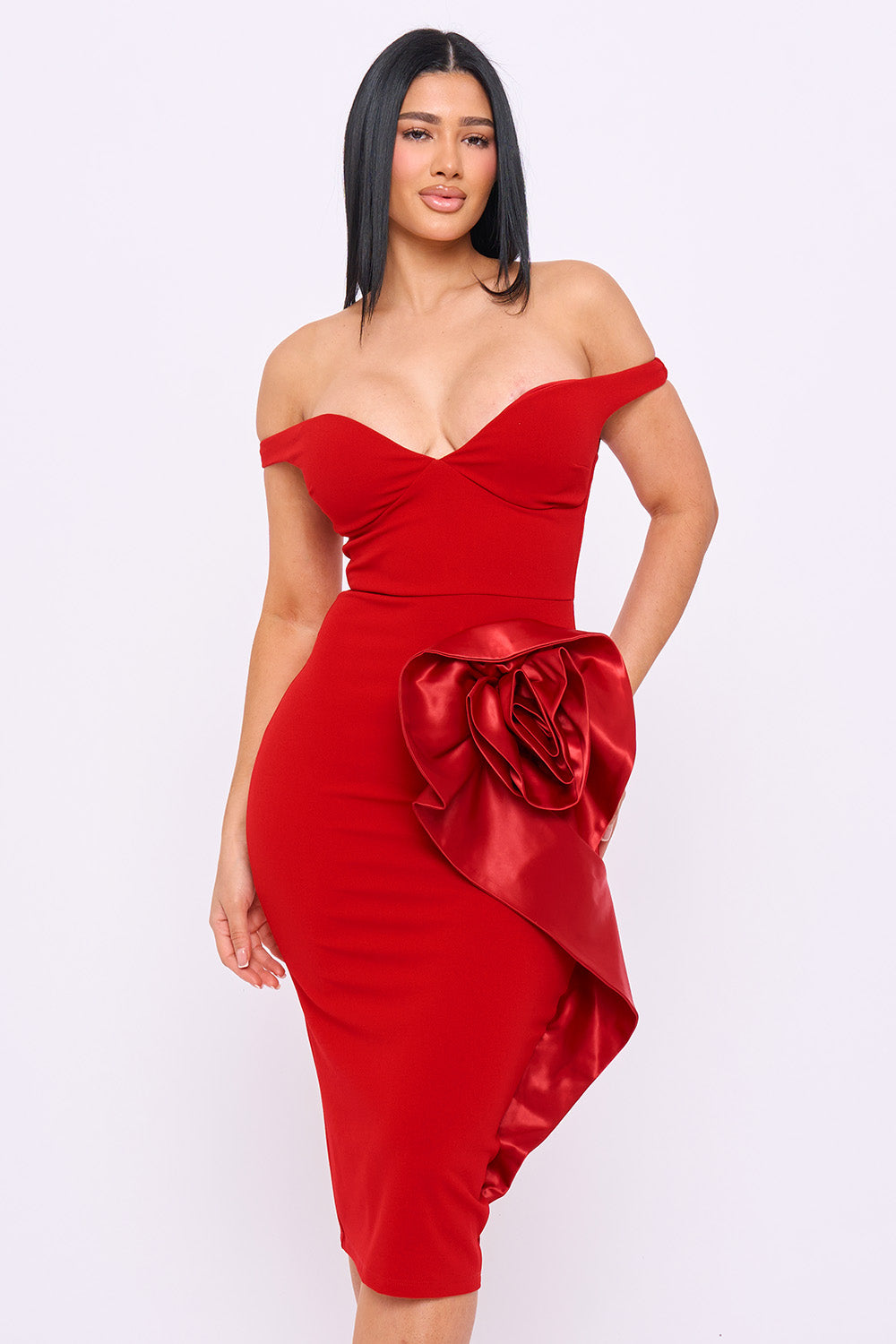 SD2378JP - SATIN FABRIC FLOWER ON THE SIDE MIDI DRESS - Image 8