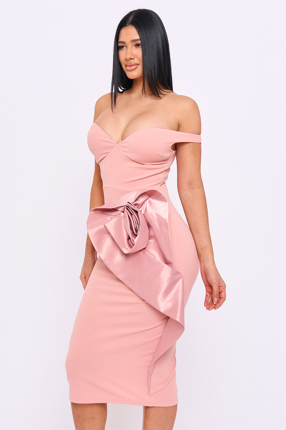 SD2378JP - SATIN FABRIC FLOWER ON THE SIDE MIDI DRESS - Image 4