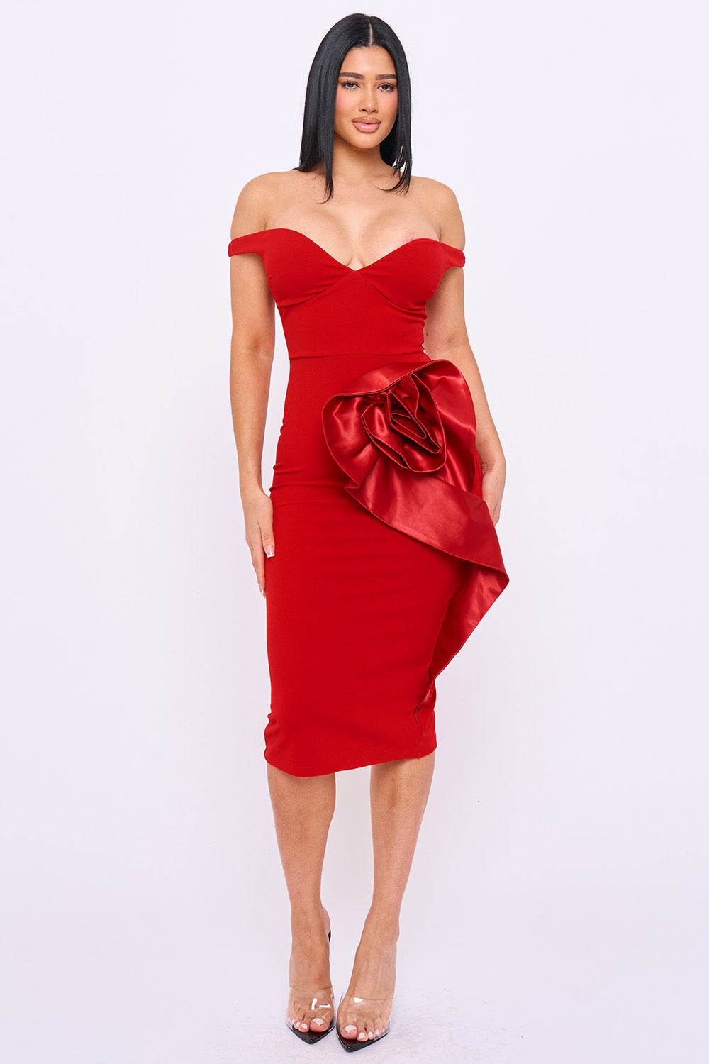 SD2378JP - SATIN FABRIC FLOWER ON THE SIDE MIDI DRESS - Image 10
