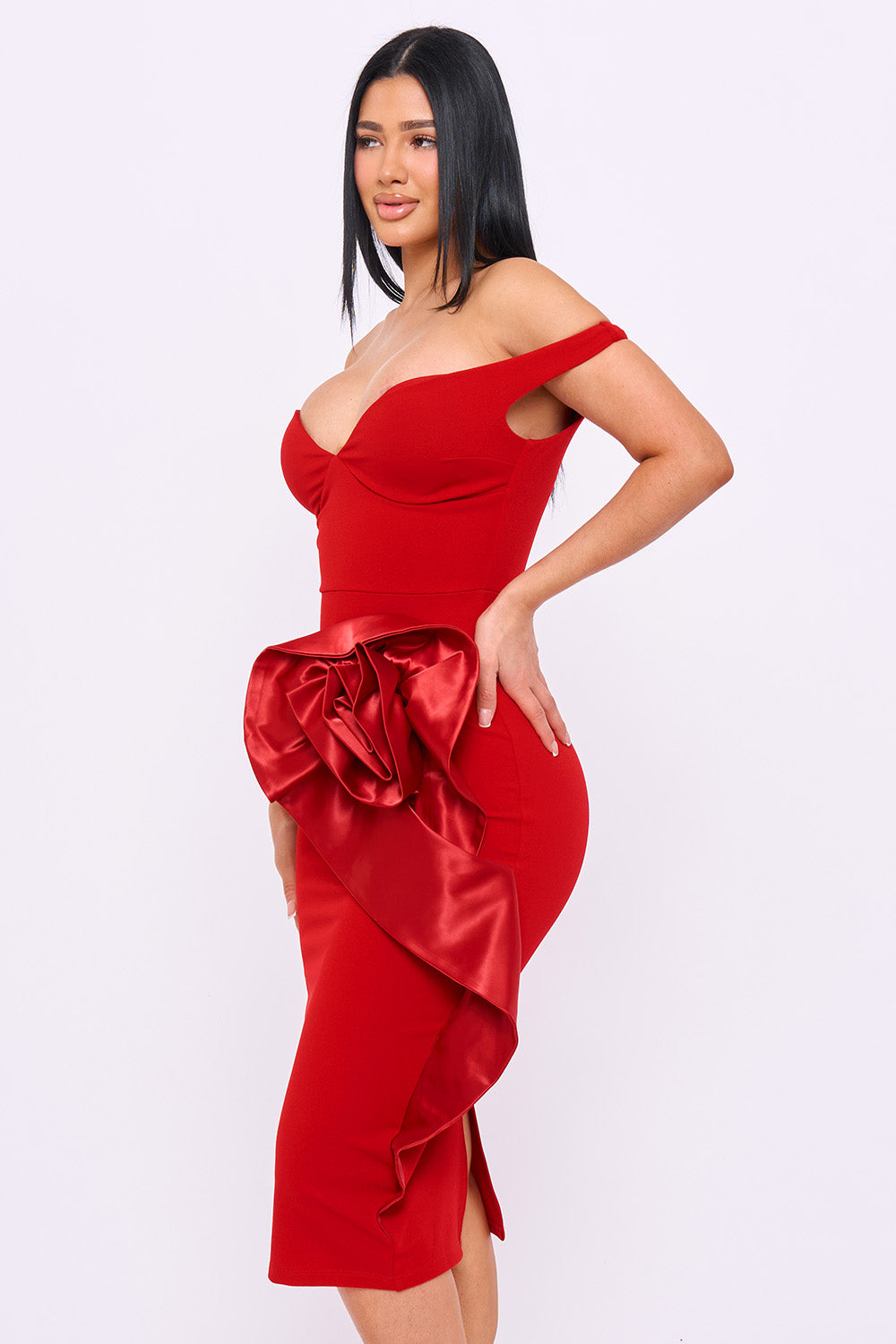 SD2378JP - SATIN FABRIC FLOWER ON THE SIDE MIDI DRESS - Image 2