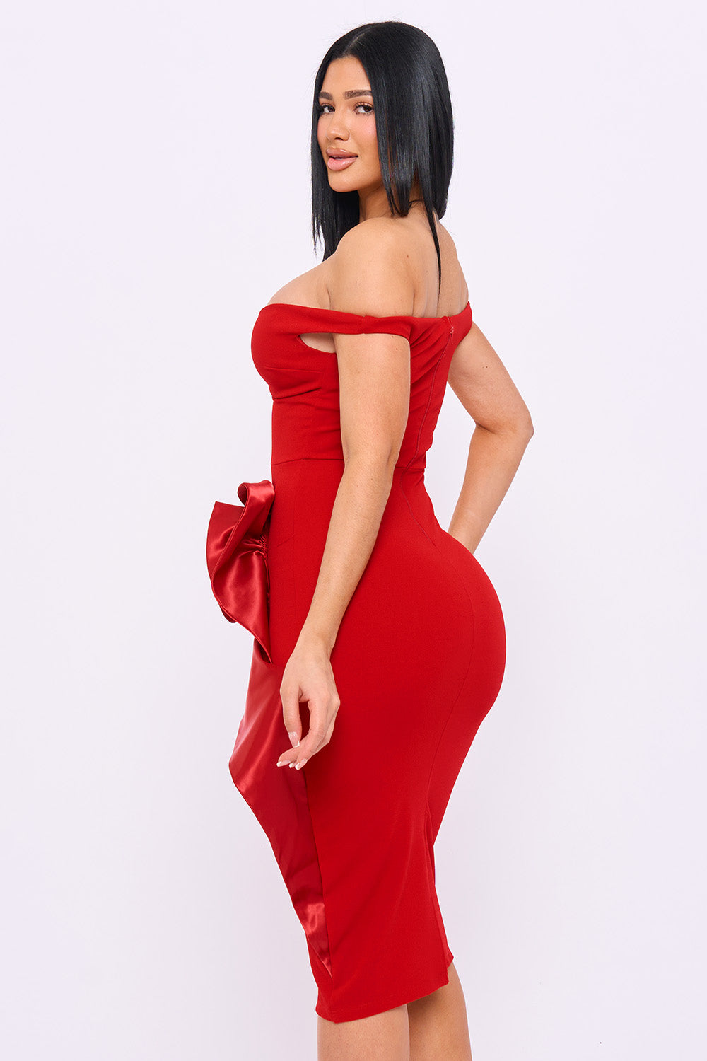 SD2378JP - SATIN FABRIC FLOWER ON THE SIDE MIDI DRESS - Image 9