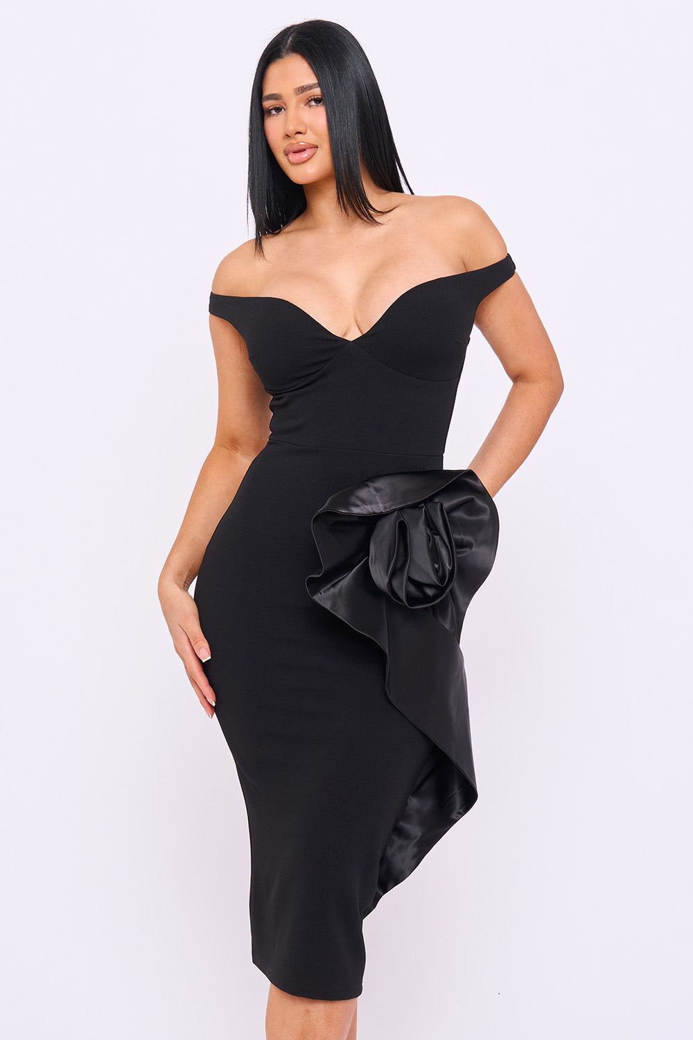 SD2378JP - SATIN FABRIC FLOWER ON THE SIDE MIDI DRESS - Image 12