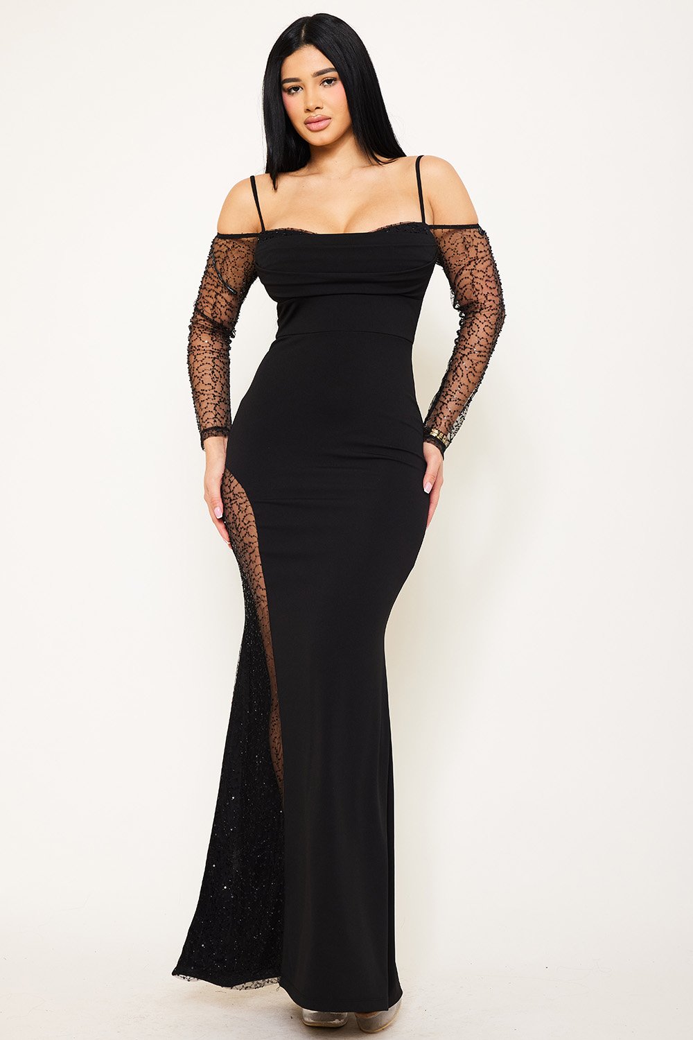 SDM1178SP - BEADED MESH PANELED MAXI DRESS - Image 6