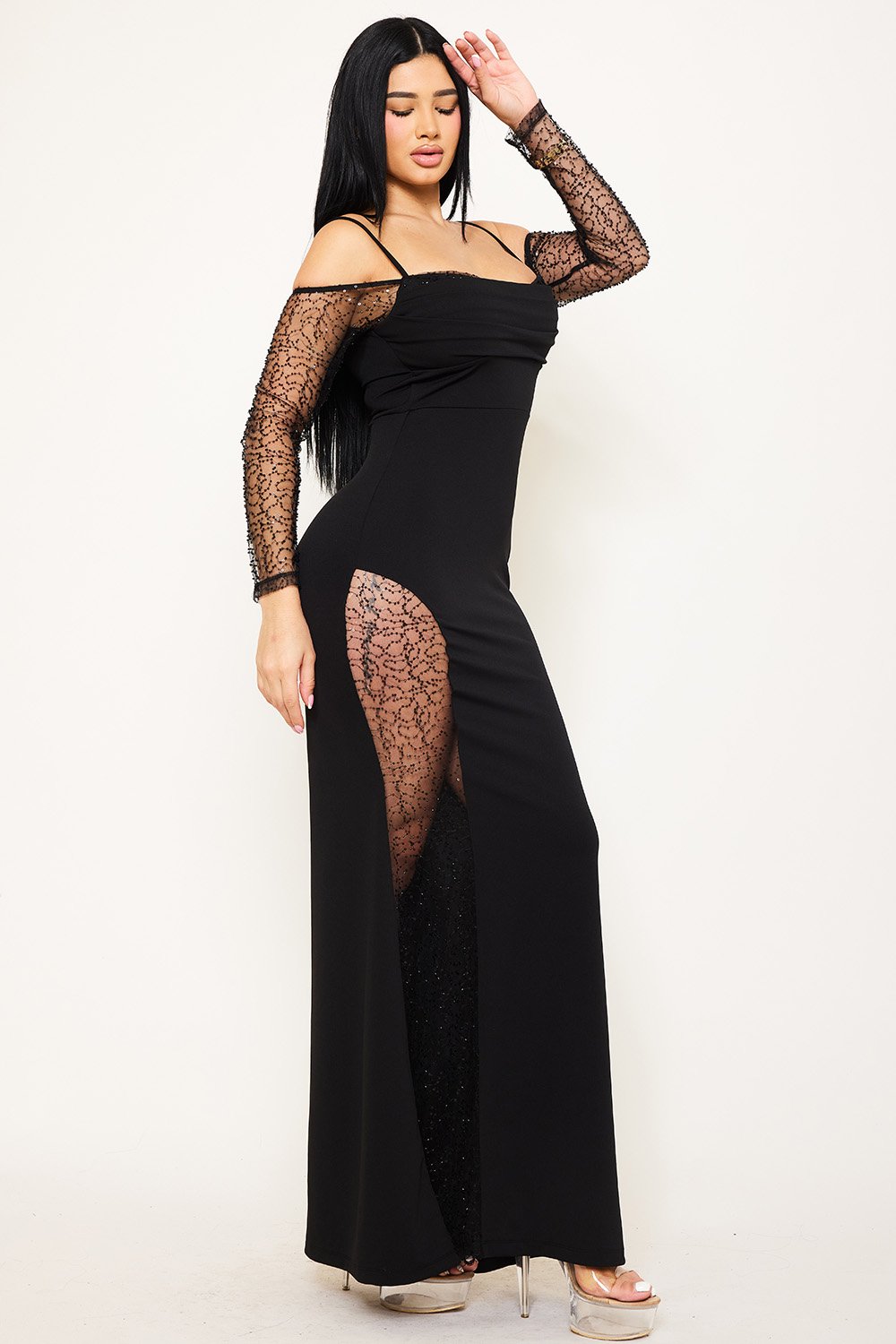 SDM1178SP - BEADED MESH PANELED MAXI DRESS