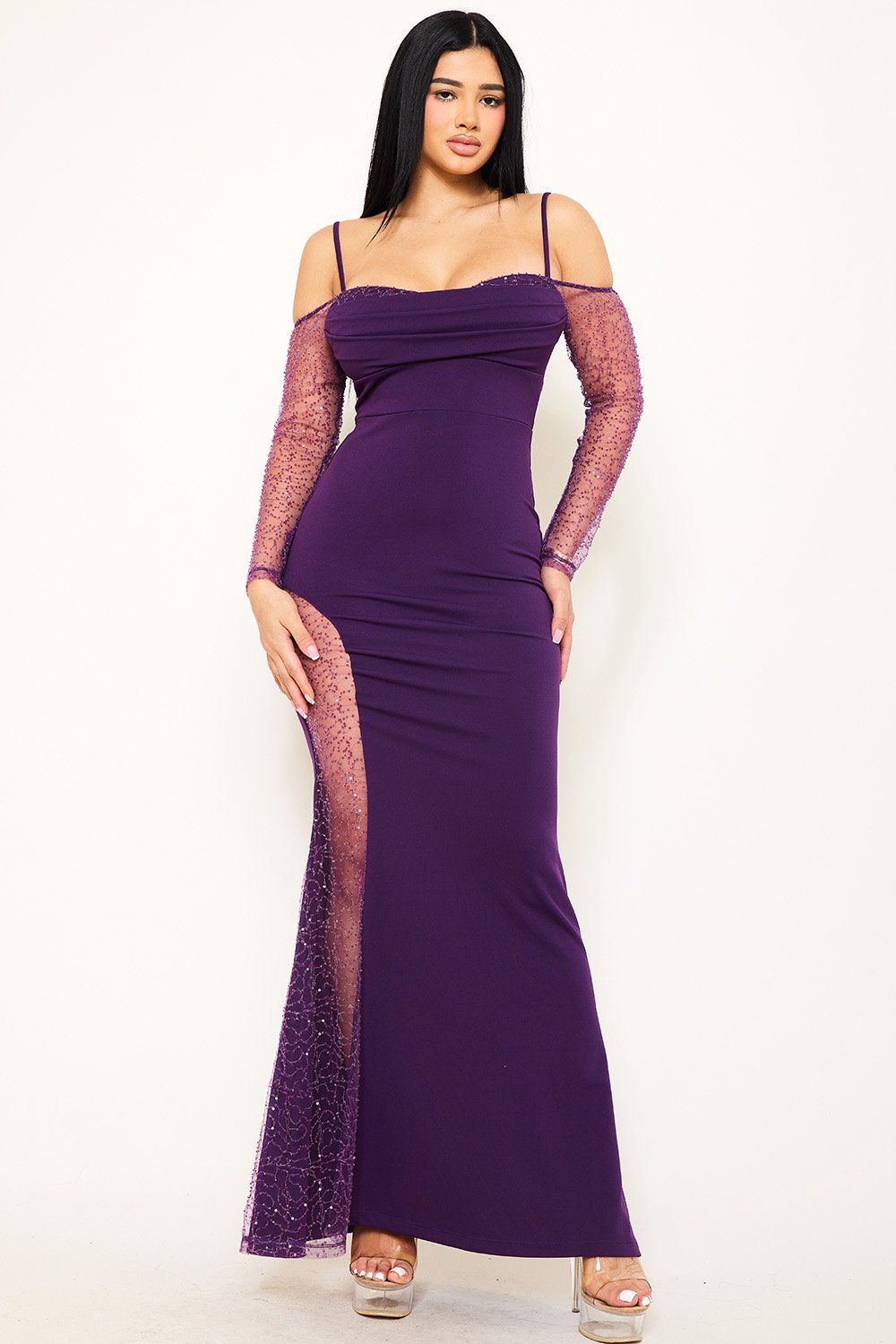SDM1178SP - BEADED MESH PANELED MAXI DRESS - Image 3