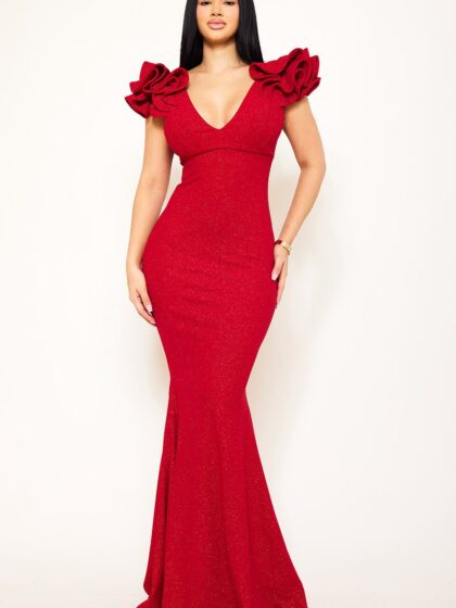 SDM1286AP - GLITTERED RUFFLE SLEEVE MAXI DRESS