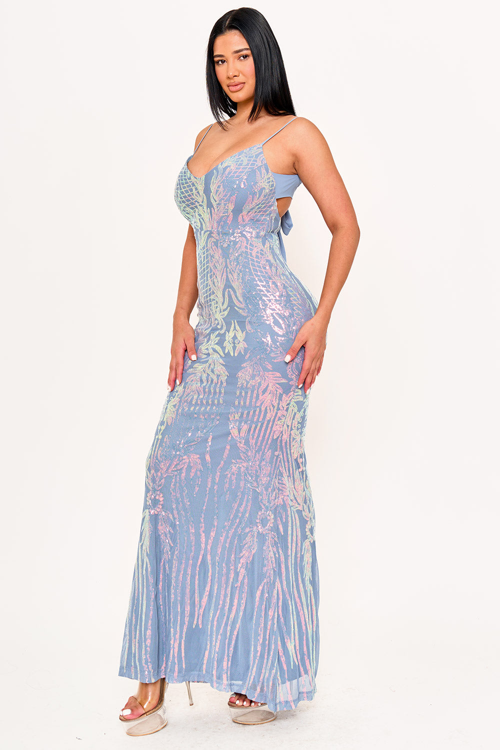 SDM1323SPB - FLORAL PATTERNED SEQIN MESH MERMAID MAXI DRESS - Image 5
