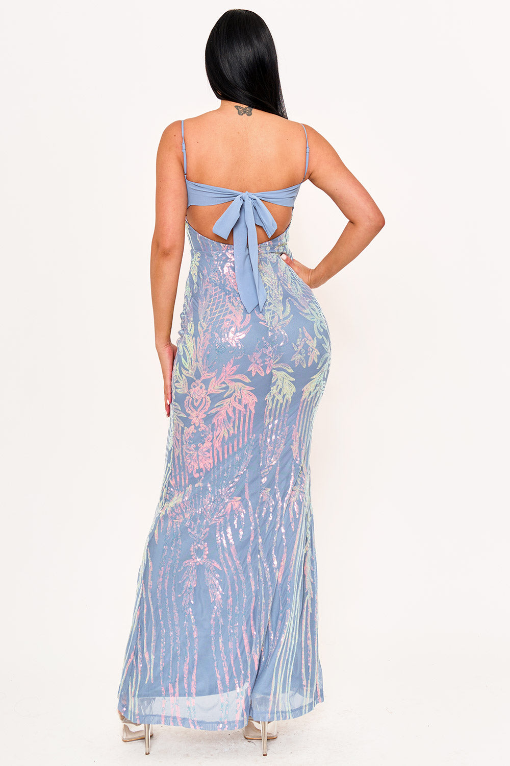 SDM1323SPB - FLORAL PATTERNED SEQIN MESH MERMAID MAXI DRESS - Image 4