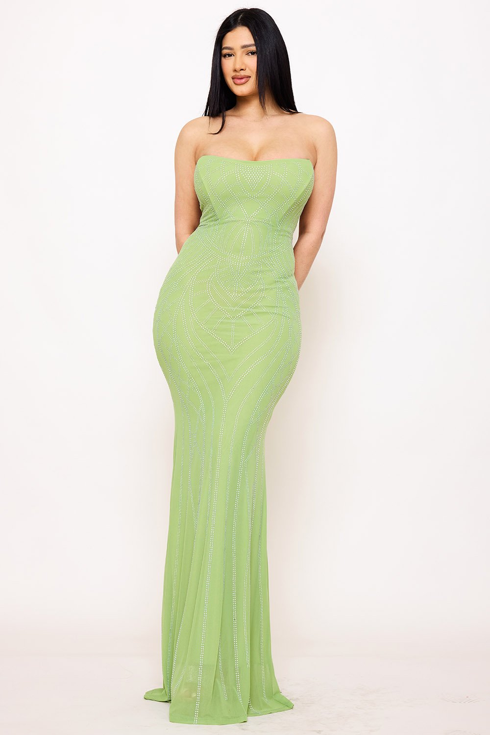 SDM1528SP - PATTERNED RHINESTONE MAXI DRESS
