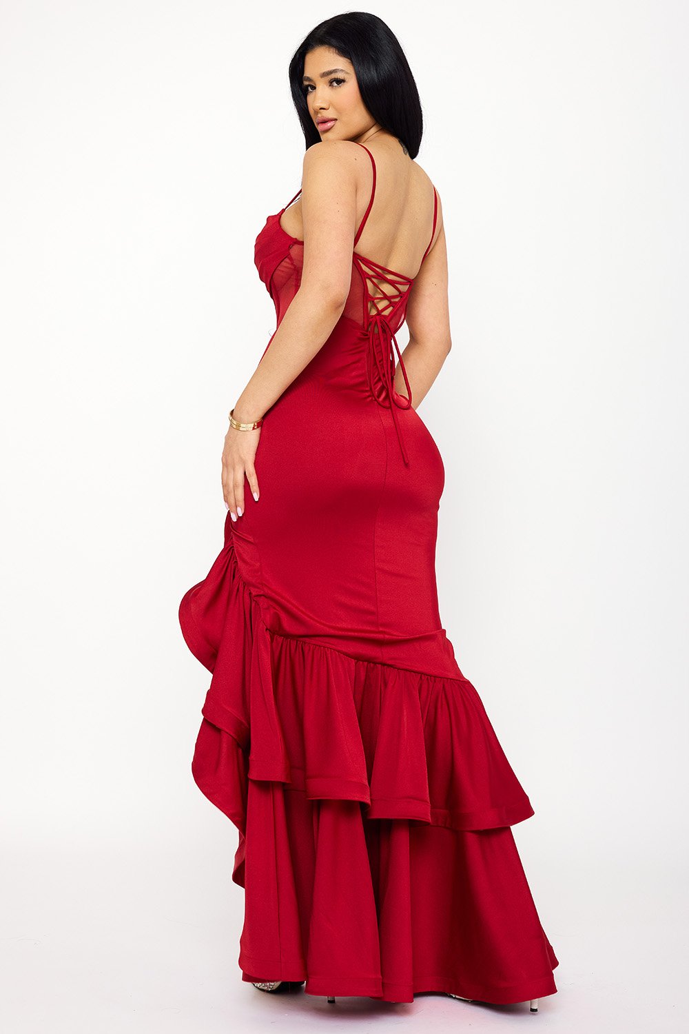 SDM1547AP - SATIN MESH BUSTIER DOUBLE LAYER RUFFLE MAXI DRESS - Image 11