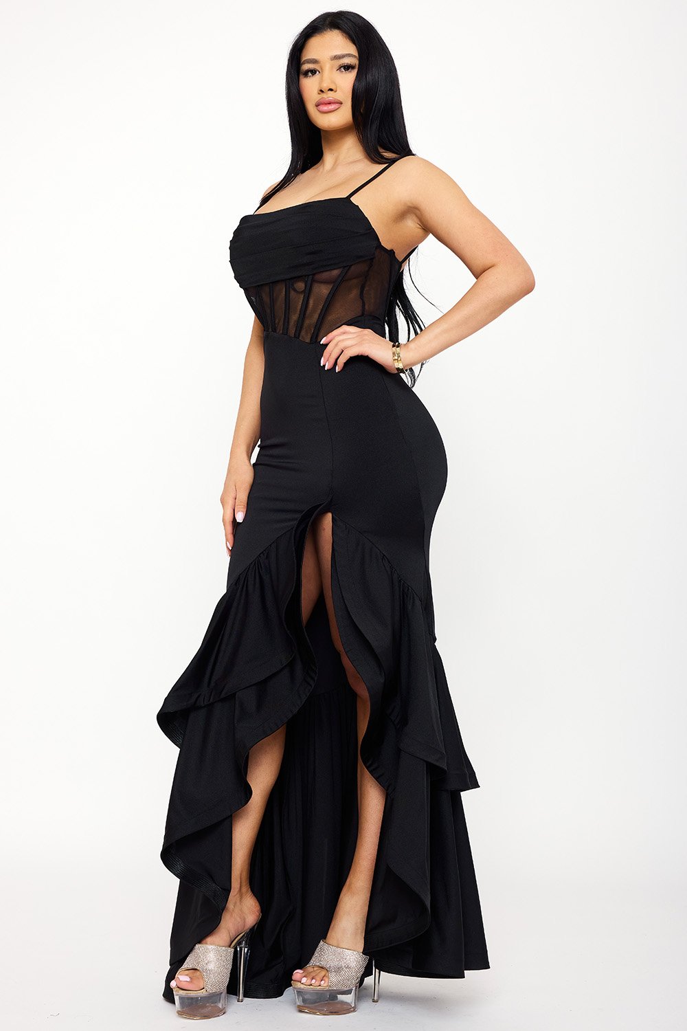 SDM1547AP - SATIN MESH BUSTIER DOUBLE LAYER RUFFLE MAXI DRESS - Image 15