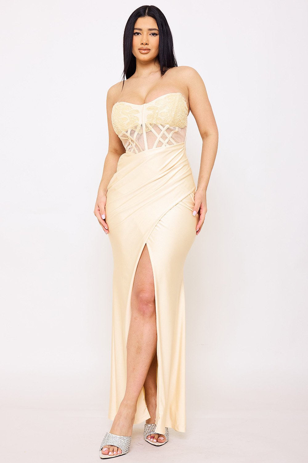 SDM1560JP- LACE CORSET BODICE WITH SATIN CONTRAST MAXI DRESS - Image 7