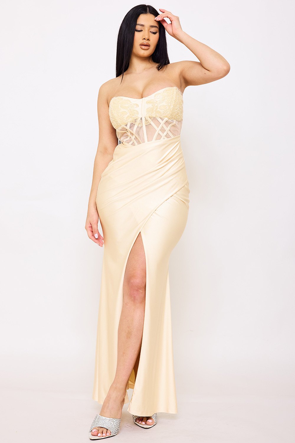 SDM1560JP- LACE CORSET BODICE WITH SATIN CONTRAST MAXI DRESS - Image 2