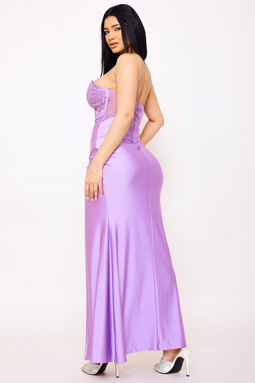 SDM1560JP- LACE CORSET BODICE WITH SATIN CONTRAST MAXI DRESS - Image 3
