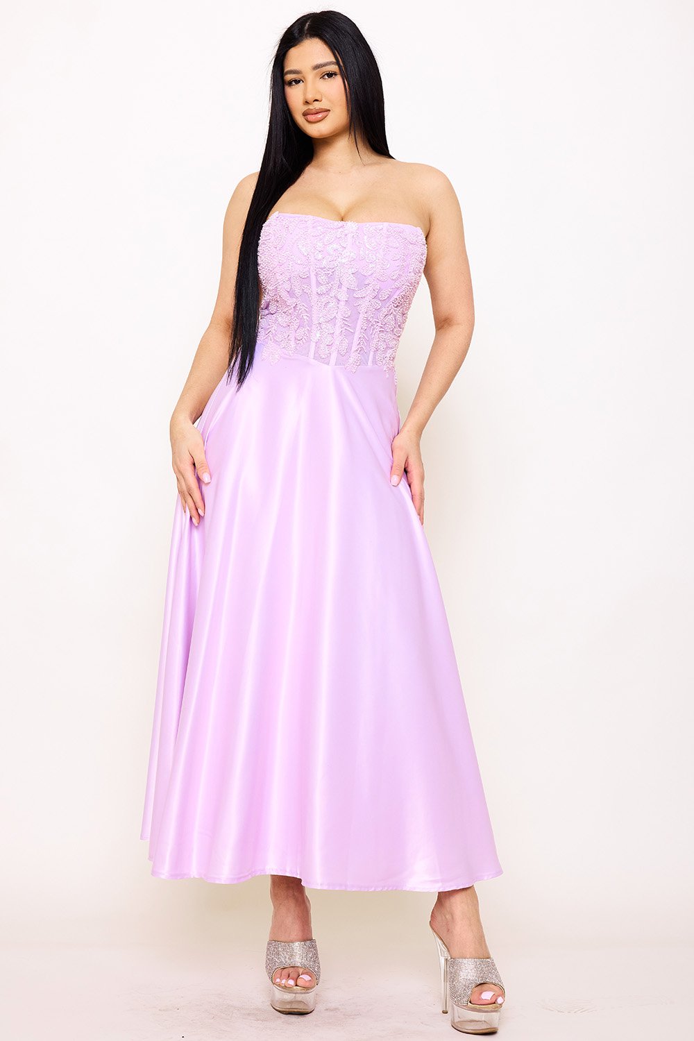 SDM1576JP - LACE AND DULL SATIN PANELED MAXI DRESS - Image 2