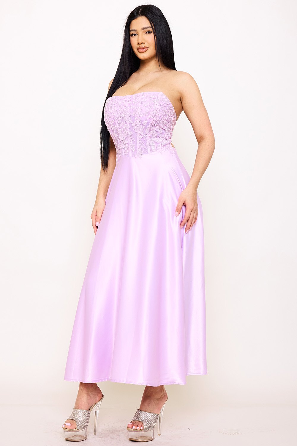 SDM1576JP - LACE AND DULL SATIN PANELED MAXI DRESS - Image 3