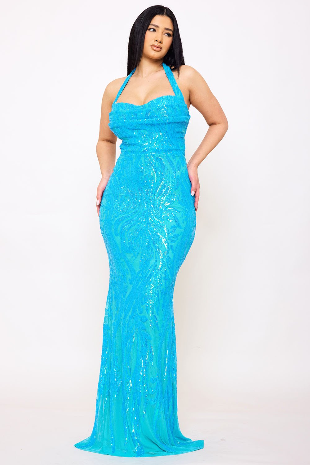 SDM1601SP - PATTERNED SEQUIN MERMAID HALTER TOP MAXI DRESS - Image 4