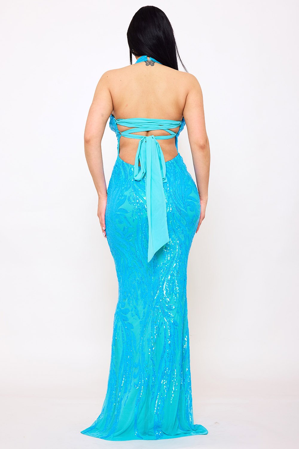 SDM1601SP - PATTERNED SEQUIN MERMAID HALTER TOP MAXI DRESS - Image 7