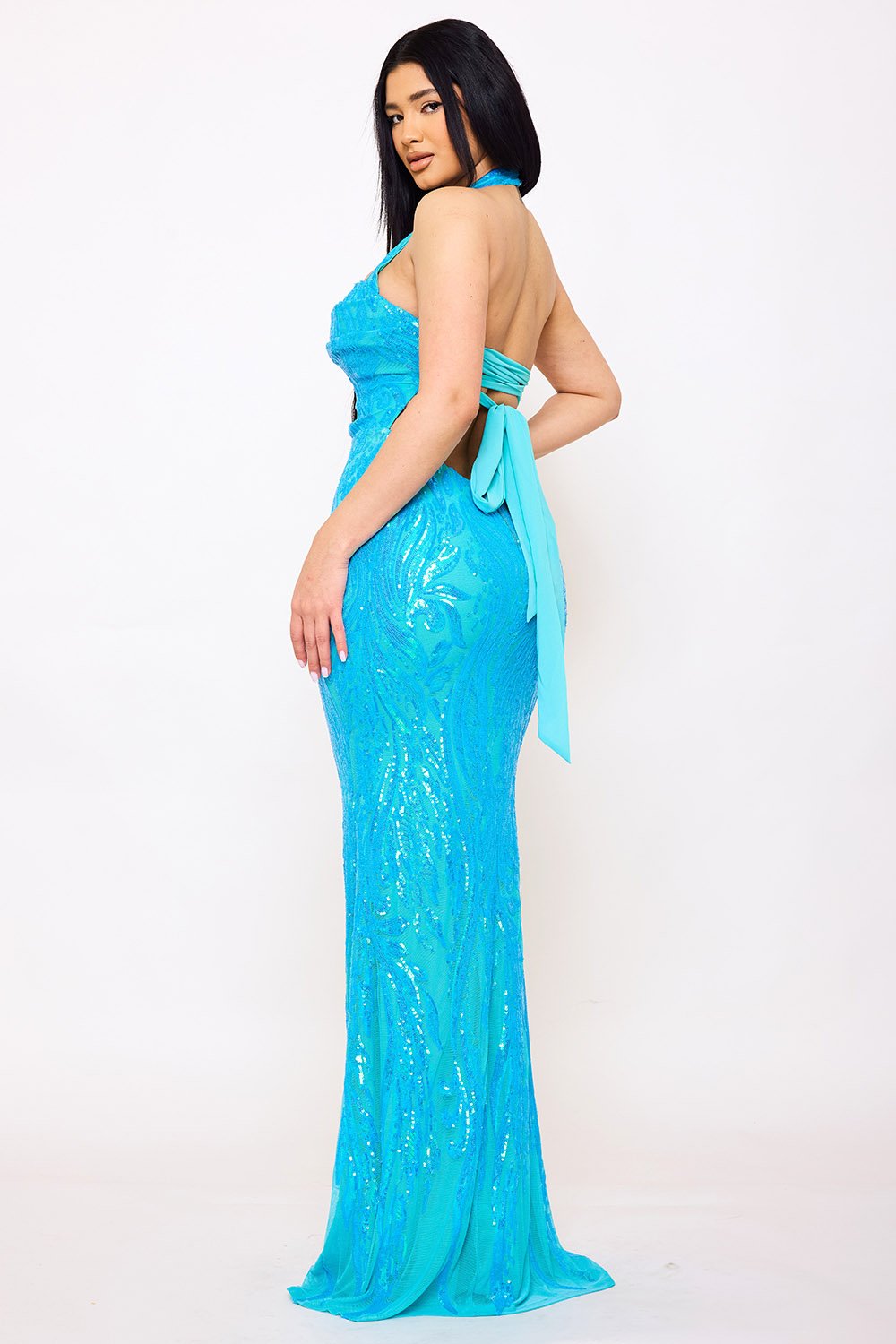 SDM1601SP - PATTERNED SEQUIN MERMAID HALTER TOP MAXI DRESS - Image 6
