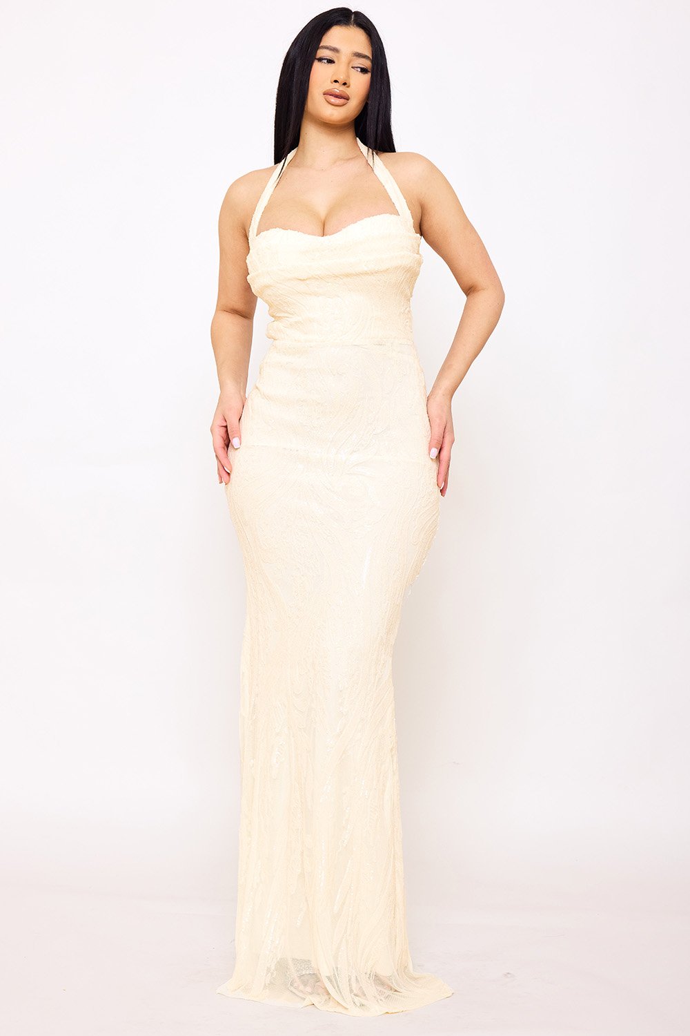 SDM1601SP - PATTERNED SEQUIN MERMAID HALTER TOP MAXI DRESS - Image 3