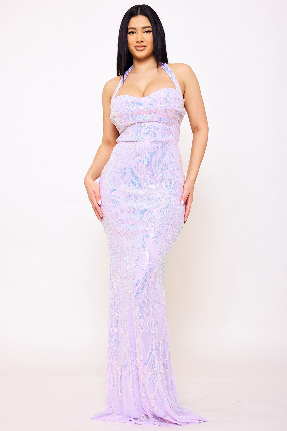 SDM1601SP - PATTERNED SEQUIN MERMAID HALTER TOP MAXI DRESS - Image 10