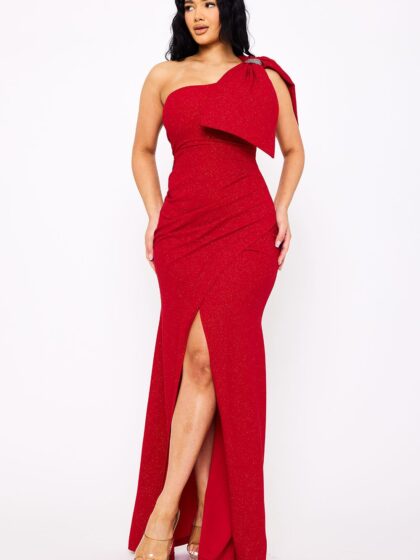 SDM1675JP - ONE SHOULDER OVERSIZED BOW ON SLEEVE MAXI DRESS