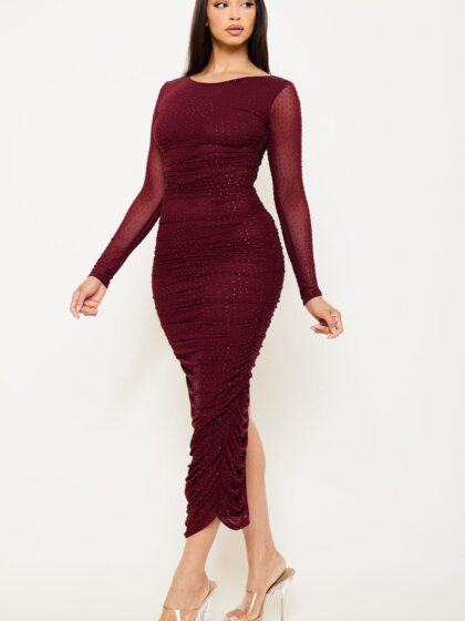SDM1720SP - RHINESTONE ON MESH PLEATED LONG DRESS