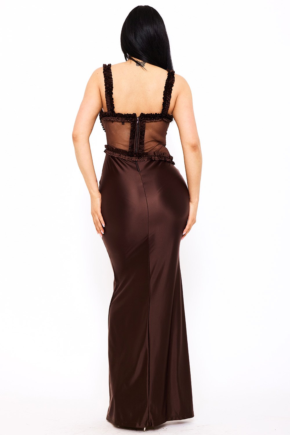 SDM1743AP - RUFFLE TRIM DETAIL ON SATIN SHEER MAXI DRESS - Image 14