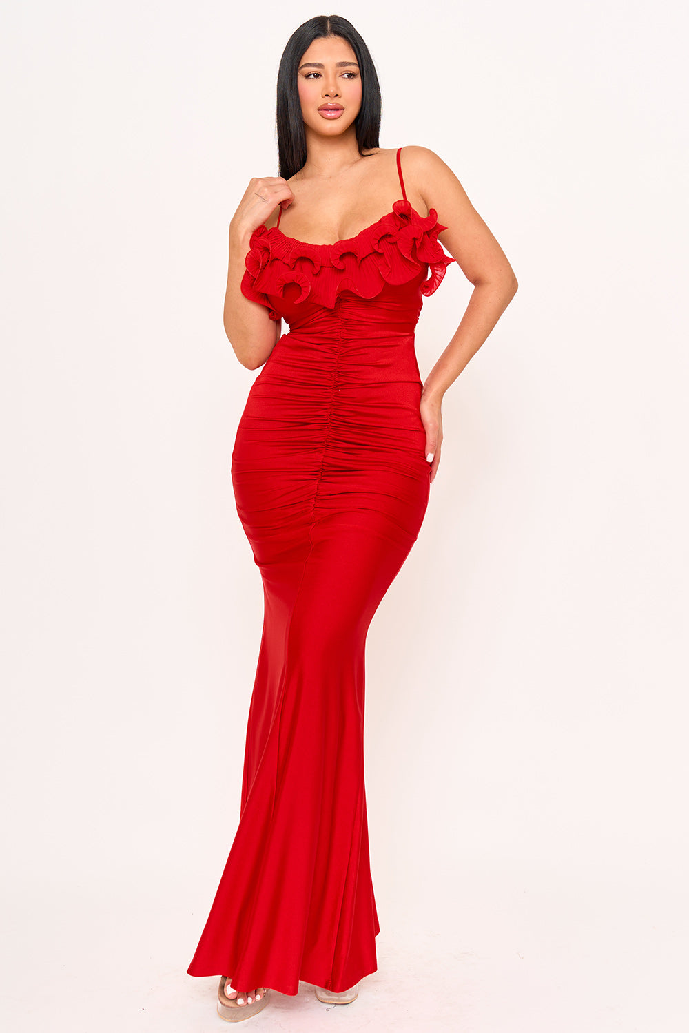 SDM1899HP - PLEATED RUFFLE ON POWER SATIN MAXI DRESS - Image 6