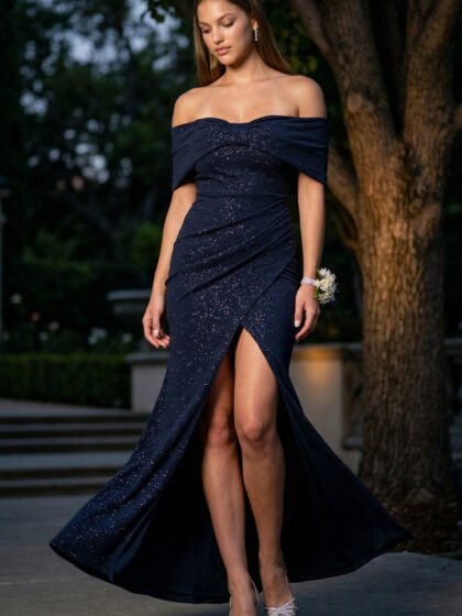 SDM1985JP - GLITTER BOW FRONT OFF THE SHOULDER MAXI DRESS