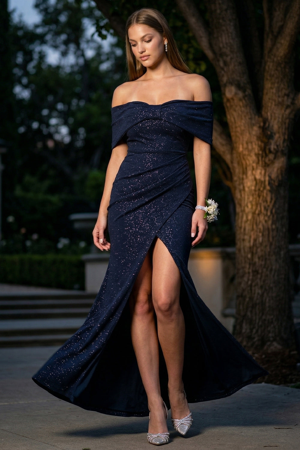 SDM1985JP - GLITTER BOW FRONT OFF THE SHOULDER MAXI DRESS