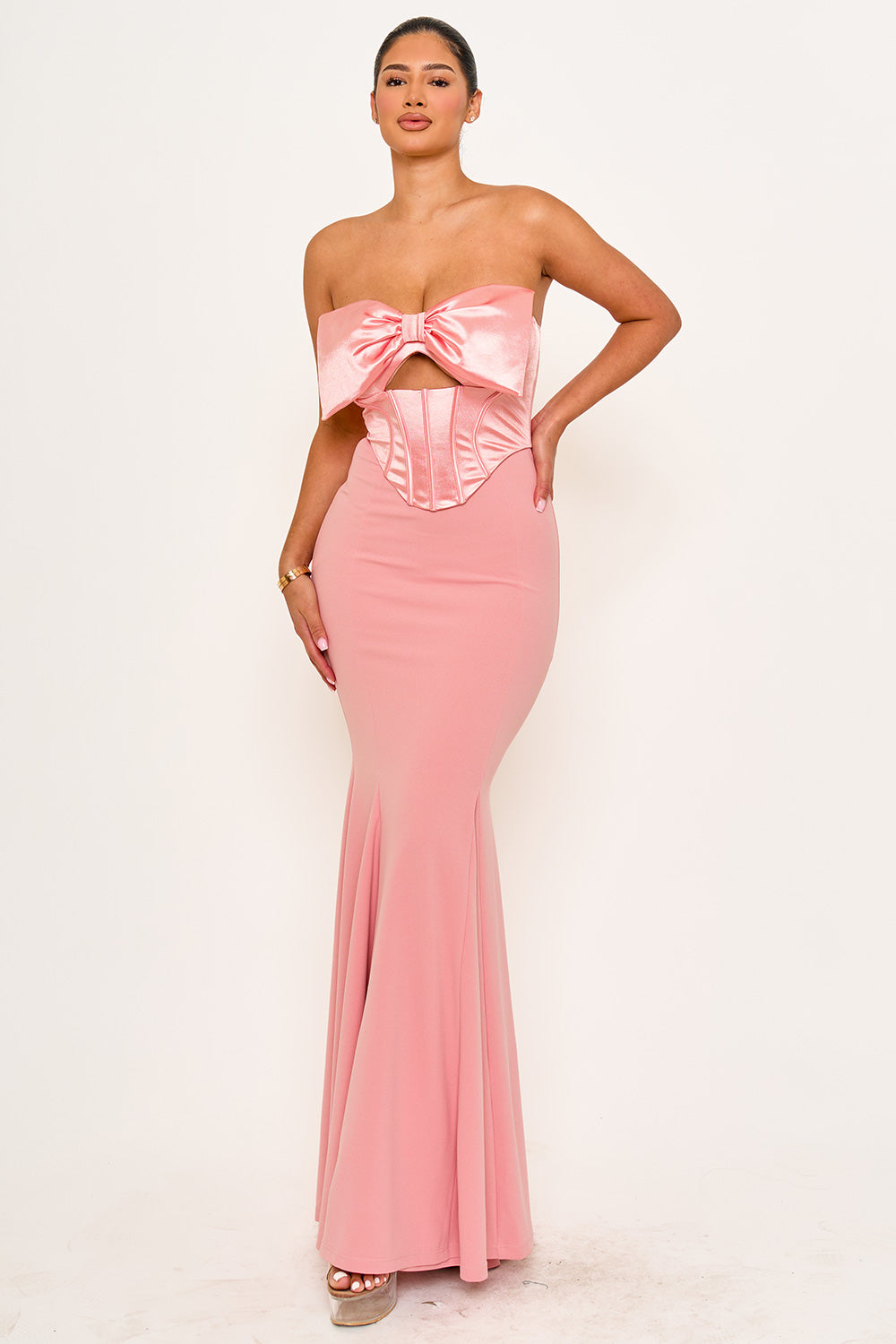 SDM2023SP - SATIN BOW BRA TOP WITH CONTRAST FABRIC MAXI DRESS - Image 3