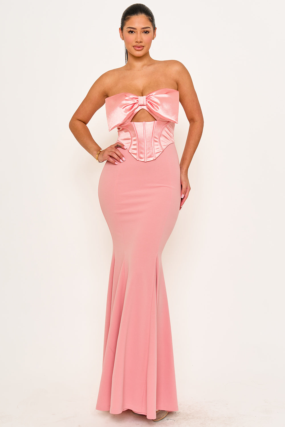 SDM2023SP - SATIN BOW BRA TOP WITH CONTRAST FABRIC MAXI DRESS - Image 6