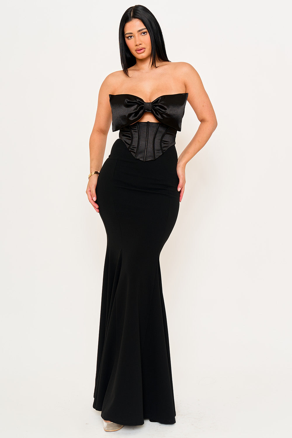 SDM2023SP - SATIN BOW BRA TOP WITH CONTRAST FABRIC MAXI DRESS - Image 2