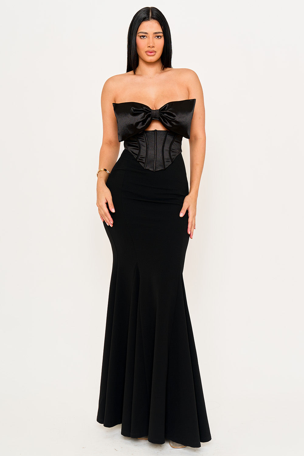 SDM2023SP - SATIN BOW BRA TOP WITH CONTRAST FABRIC MAXI DRESS - Image 8