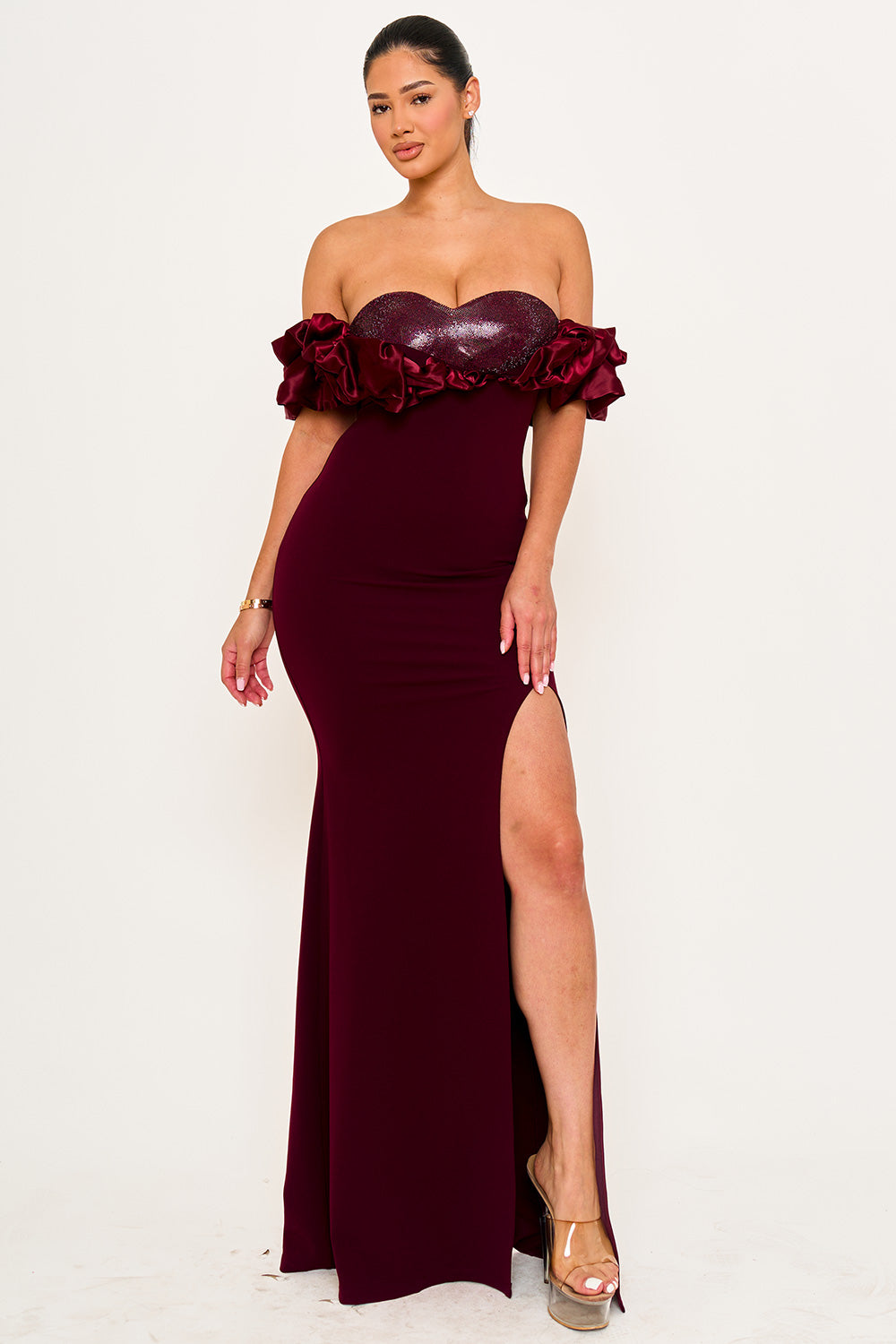 SDM2057SP - SATIN RUFFLE ON SHOULDER MAXI DRESS - Image 3