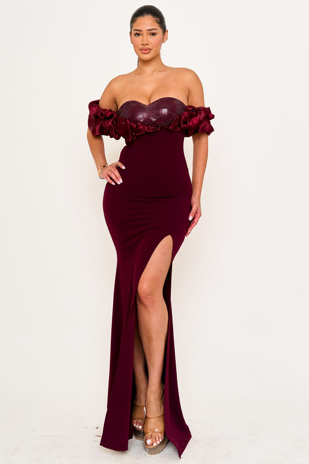 SDM2057SP - SATIN RUFFLE ON SHOULDER MAXI DRESS - Image 6