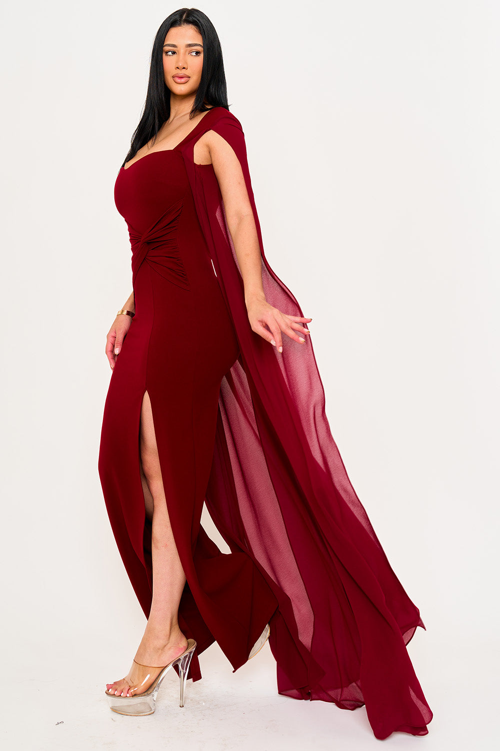SDM2101HP - MESH LONG CAPE SLEEVE WITH SLIT MAXI DRESS - Image 9