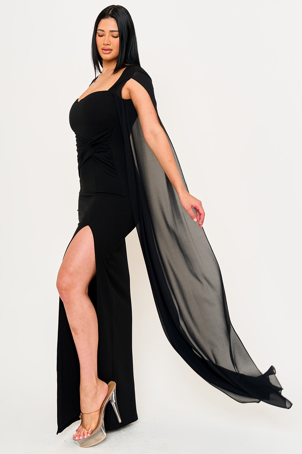 SDM2101HP - MESH LONG CAPE SLEEVE WITH SLIT MAXI DRESS - Image 4