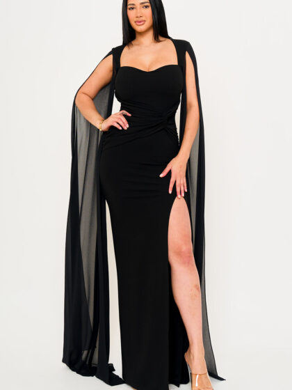 SDM2101HP - MESH LONG CAPE SLEEVE WITH SLIT MAXI DRESS
